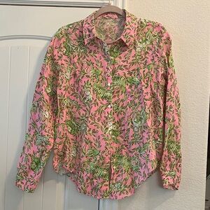 Lilly Pulitzer Pink & Green Floral Sea View Linen Top, Sz S